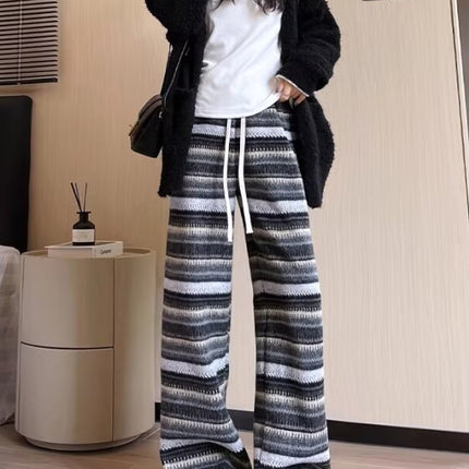American Stripesd Wide-Leg Pants for Women in Autumn and Winter, Retro Ethnic Style Straight-Leg Glutinous Rice Pants for Girls, High-Waisted Casual Lazy Pants