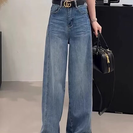 Women's 2025 Autumn New High-Waisted Loose Wide-Leg Jeans, Hip-Covering, Slimming, Versatile Straight-Leg Floor-Length Pants