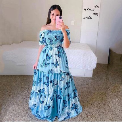 2025 cross-border new spring and summer European and American women's dress off-shoulder floral fashion off-shoulder long printed skirt