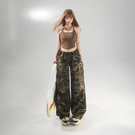 American Camouflage Cargo Pants for Women 2025 Summer New Style Adjustable Waist and Leg Binding Versatile Loose Slimming Casual Pants