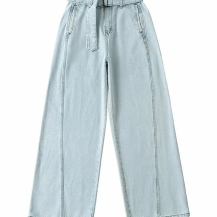American Retro Wide-Leg Jeans Spring New High-Waist Belt Loose Slimming Look Casual Straight Pants Floor-Length Pants
