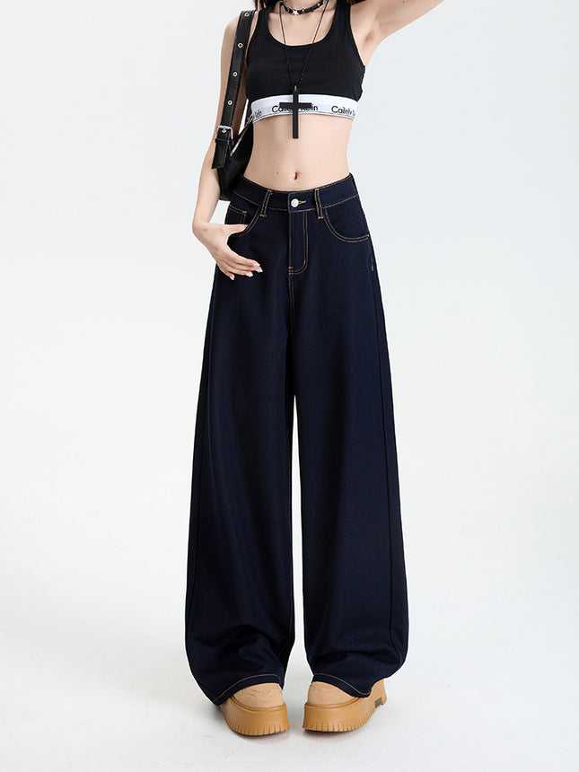 Denim Blue Wrinkle-Resistant Non-Iron Straight-Leg Jeans for Women, New Spring/Summer Style, Drapey Lazy Style Wide-Leg Casual Pants