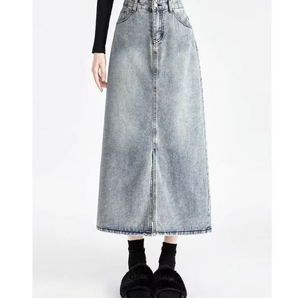 2023 new light blue thin denim skirt high waist A- line mid-length front slit hip skirt Denim skirt