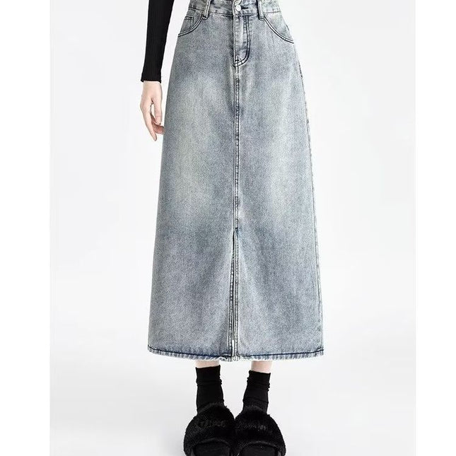 2023 new light blue thin denim skirt high waist A- line mid-length front slit hip skirt Denim skirt