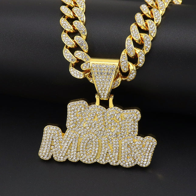 Cross-border diamond stitching letter pendant Cuban chain necklace hipster hip-hop rap cool domineering locomotive clavicle chain