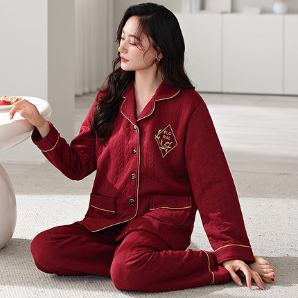Chun Baifen Mother Pajamas Women's Autumn and Winter Middle-aged and Elderly Air Cotton Thickened plus size Outer Wearing Sandwich Home Clothes