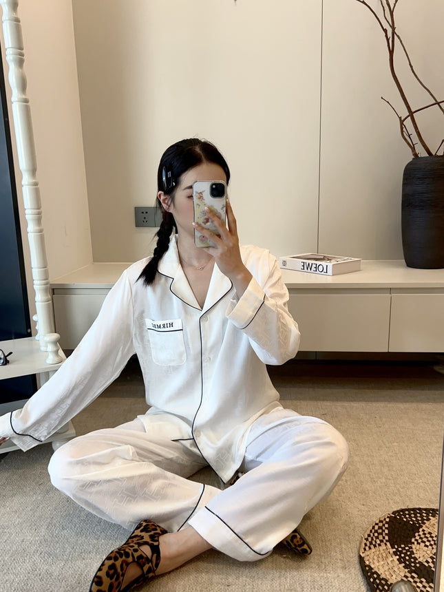 Light Luxury High-End Couple's Pajamas for Men with H Brand Embroidery, Spring and Autumn Ice Silk Long-Sleeve Simple Thin Homewear Set