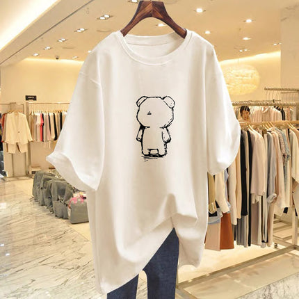 White Long Bear Printed T-shirt Women's Summer 2025 New European plus size Loose Butt Covering Long T-shirt