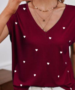 2023 New Hot Independent Station Loose V-neck Love Printed Short Sleeve T-Shirt for Women