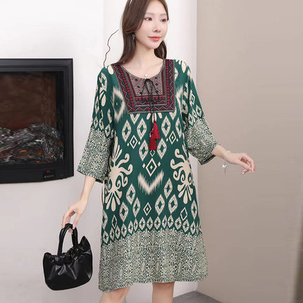 Extra Large Size Ethnic Style Round Neck Three-Quarter Sleeve Dress Loose Embroidered Flower Cotton Silk Travel Beach Skirt for Women