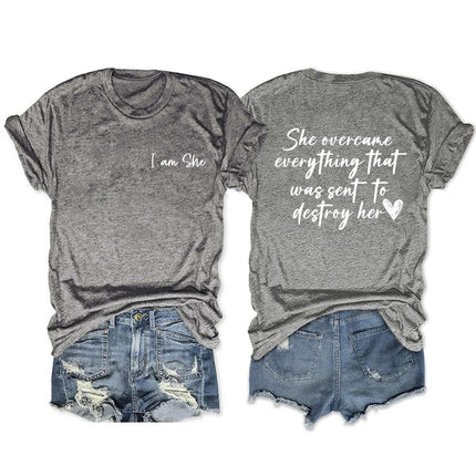 Amazon double-sided printed summer round neck short sleeve she overcame everthing loose all-match T-shirt
