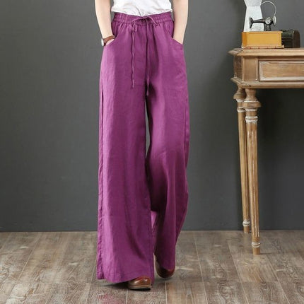 2024 Spring/Summer Literary Cotton and Linen Feel Women's Loose Plus Size Wide-Leg High-Waisted Floor-Length Pants