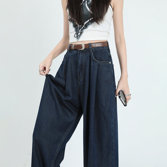 Dark Blue Wide-Leg Jeans for Women 2023 Summer New High-Waisted Straight-Leg Loose Draped Pleated Floor-Length Pants for Tall People