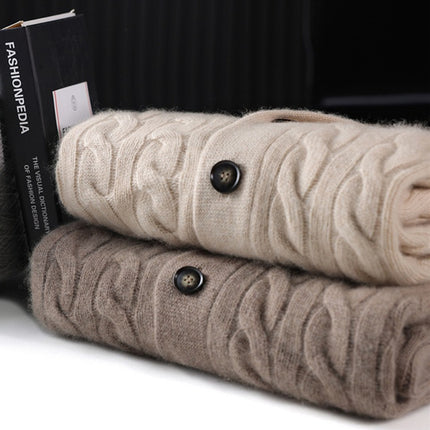 Thickened Autumn and Winter Retro Twisted Green Fruit Collar Cashmere Knitted Cardigan Men's Casual Sweater Loose Jacket Fashion