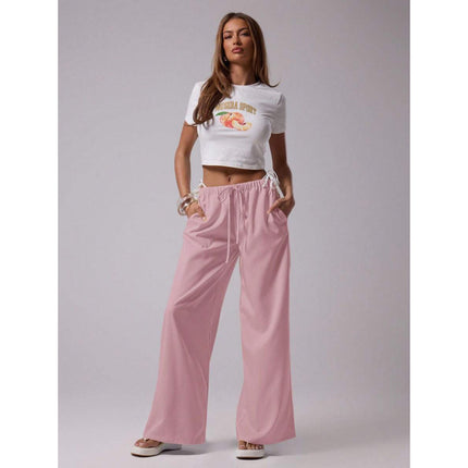 Cross-Border Bottoms Linen Texture Lace-Up Waist Pants Vacation Style Summer Bohemian Style Elegant