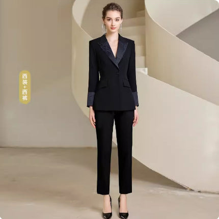 Spring and Autumn Fashion High-end Sense Satin Stitching Black Business Dress Elegant Goddess Fan Micro-pants Suit suit OL