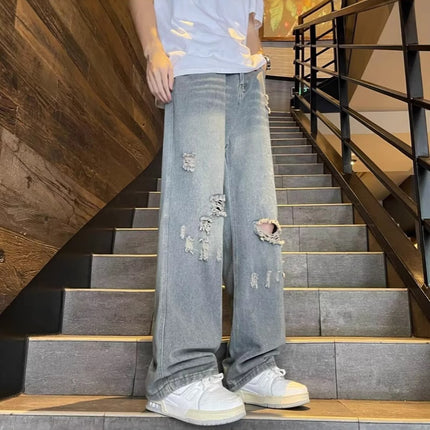 Vintage Distressed Ripped Jeans for Spring and Autumn, Loose Wide-Leg Floor-Length Straight Pants, Trendy Hot Item
