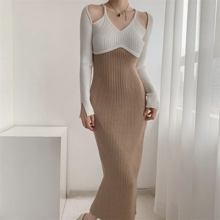 Tweed Style Gentle Milk Tea Color Knitted Dress Cross-Border Women's Autumn and Winter New French Sweater Bottoming Skirt