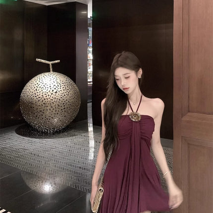 Elegant and Sexy Waist-Cinching French-Style A-Line Short Dress, 2025 Summer New Retro Purple Slim-Fit Dress