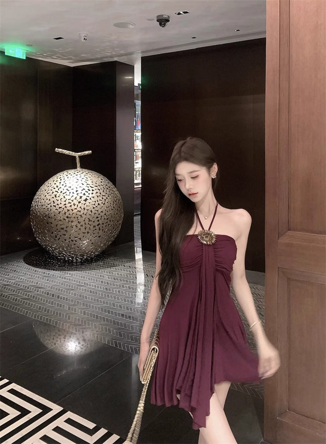Elegant and Sexy Waist-Cinching French-Style A-Line Short Dress, 2025 Summer New Retro Purple Slim-Fit Dress