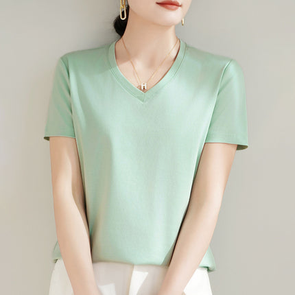 100 mercerized cotton short-sleeved T-shirt women's 2025 summer new V-neck cotton pullover vest cool feeling ice silk base