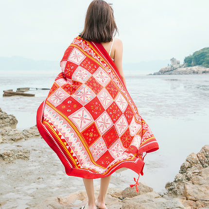 Ethnic Style Printed Silk Scarf Women's Seaside Travel Sun Protection Gauze Air Conditioning Warm Scarf Versatile Long Shawl