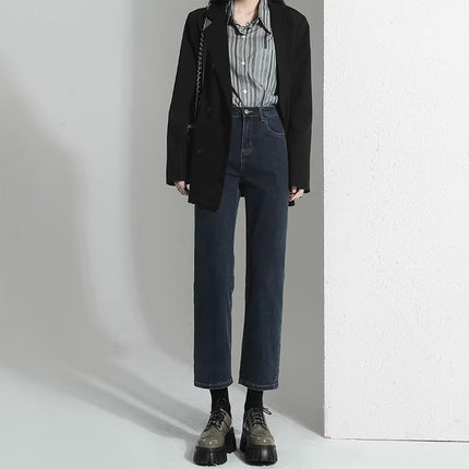 fleece-lined Thickened Blue Ash Smoke Tube Jeans Women's Trendy All-match Narrow Baguette Pants High Waist Slimming Cropped Straight Pants