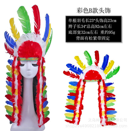 1Halloween Savage Cos Feather Headdress Indian Feather Headdress Red White Black Feather Indian Chief Cap