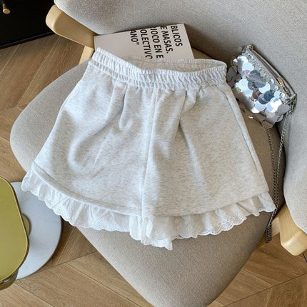 Lace Splicing Sports Casual Shorts for Women 2025 New Elastic High Waist Slimming Versatile Loose Wide Leg Pants