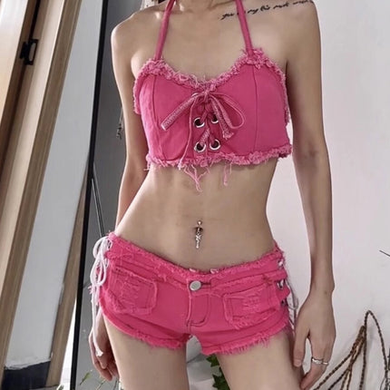 Denim Bikini Figure European and American Sexual Belt Chest Pad Strap Vacation Seaside Swimsuit Female Hot Spring Beach Hot Girl