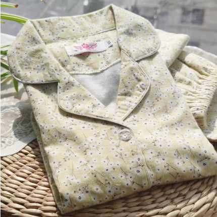 Brushed pajamas women's Japanese-style cotton flannel Spring and Autumn new warm non-printed same style outdoor home wear suit