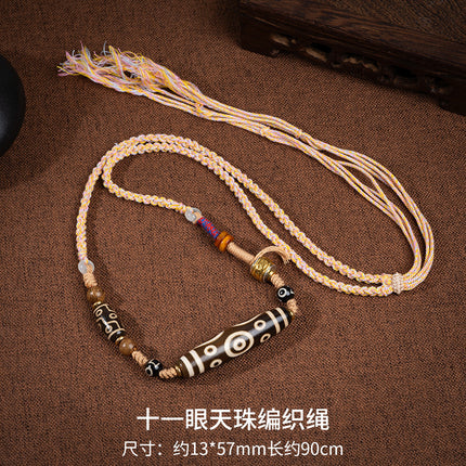 Natural Xizang Yellow Nine-Eyed Dzi Bead Necklace Multi-Totem Agate Pendant Couple Style Braided Necklace Ready for Sale