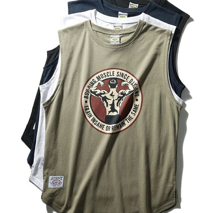 Simple Men's Ami Khaki Printed Crewneck Sports Leisure T Waistcoat Washed Cotton Vintage Garden Swing Side Split Vest