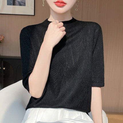 Spring and Summer Worsted Wool Short-Sleeved Women's Round Neck Quarter-Sleeved Knitted T-Shirt Loose Cut Out Half-Sleeved Bottoming Top for Women
