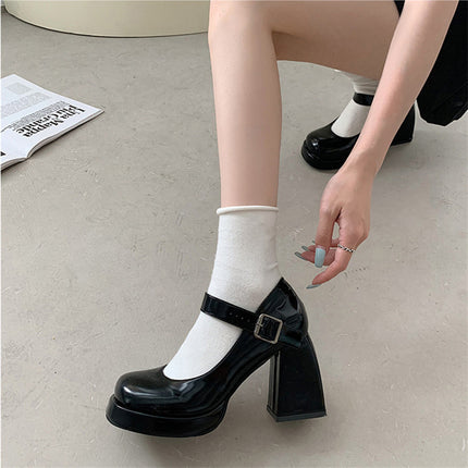 Mary Jane Women's Shoes with Chunky Heels, Waterproof Platform, Thick Sole, Height-Increasing, Japanese Style, Spicy Girl Temperament, French-Style Single Shoes, Women's Small Leather Shoes, Women's Shoes