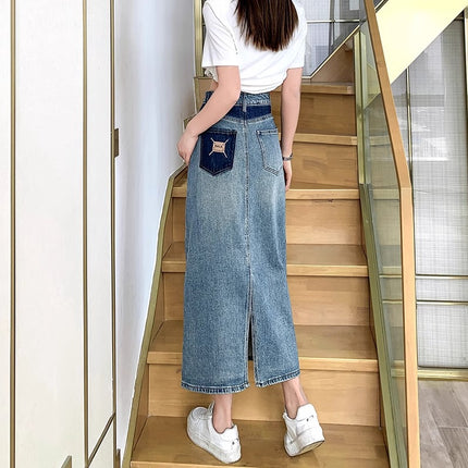 Vintage Split Half-length Denim Skirt Women's New 2024 Summer Contrast A- line Half-skirt Spring and Autumn Mid-length Hong Kong-style Thin