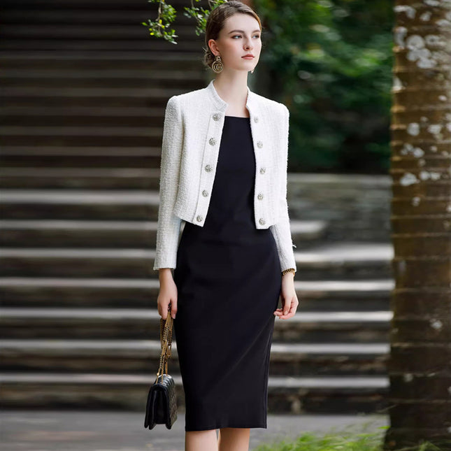 Autumn and winter fashion Chanel style tweed short coat women's skirt suit elegant socialite design white hip skirt