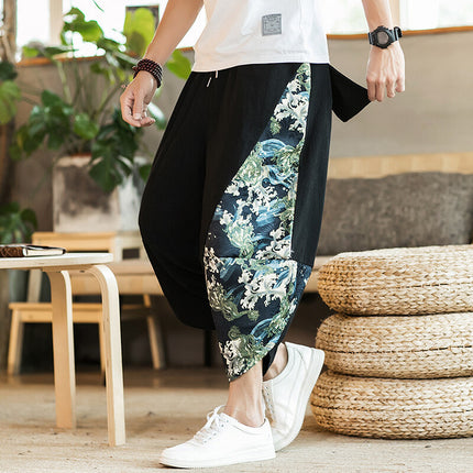 Beach Floral Shorts Men Summer Thin Thai Carrot Pants Chinese Style Loose Casual Cropped Printed Pants Trendy
