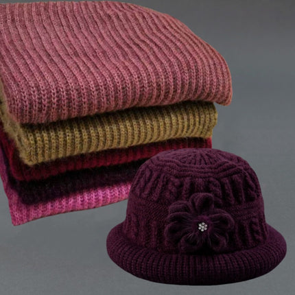 Middle-aged and elderly autumn and winter mother's hat scarf set fleece-lined thickened warm wool knitted hat women's basin hat winter