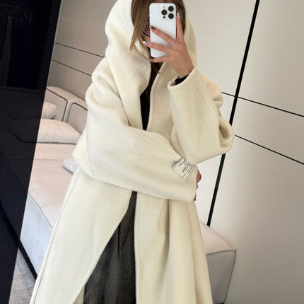 New Women's Autumn and Winter Extended Loose Korean Woolen Outwear Hooded Double-Sided Cashmere Outwear Women's Bathrobe Style