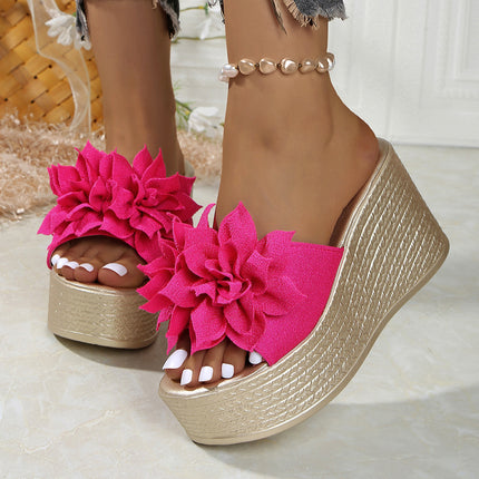 Plus Size Flower Wedge Slippers Women's Open Toe 2025 Summer New Cross-Border Thick-Soled European and American Sandals and Slippers Size 35-43