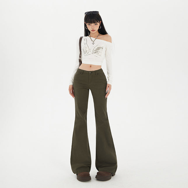 Raccoon House # American Retro Hot Girl Low-Waist Bell-Bottom Pants Autumn New Slim Fit Stretchy Versatile Jeans for Women