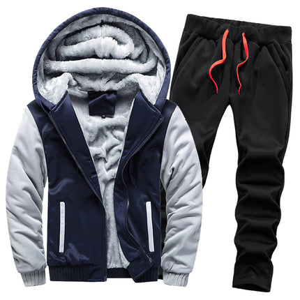 Foreign trade fleece-lined sweater suit men's thickened warm cardigan two-piece set autumn and winter sports casual hooded men's clothing