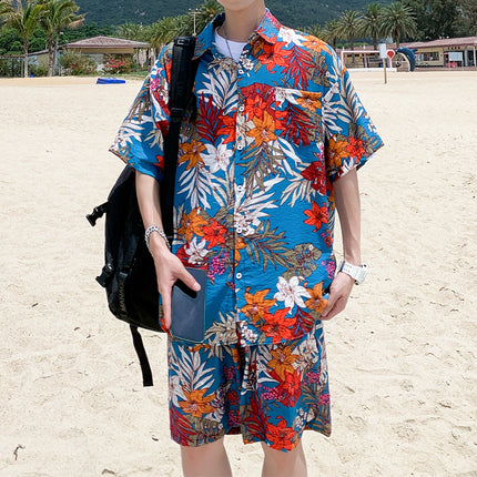 Cross-border 2023 Summer Beach Youth Color Printed Shirt Set Men's Multi-color Loose Shorts Shirt Set