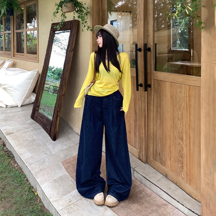 American-Style Dark Blue Drapey Wide-Leg Jeans for Women, 2025 Autumn and Winter New Straight Loose High-Waisted Slimming Floor-Length Pants