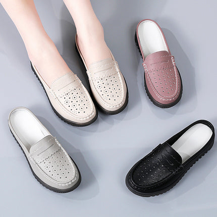 Muller Shoes 2024 Non-Slip Half-Slip Mom Shoes with Soft Soles, Perforated Women's Loafers, Low Heel, Hollow Design, Flat Comfortable Shoes