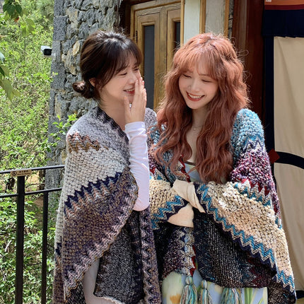 Northwest Ethnic Style Cloak Dual-purpose Air Conditioning Cloak Wool Knitted Handmade Tassel Cloak Xinjiang Travel Cloak