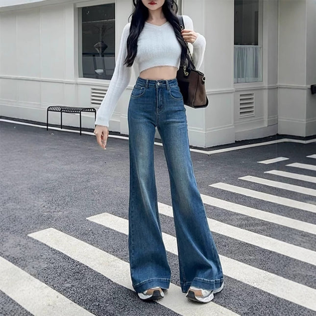 Petite Wide-Leg Jeans for Women, American Retro Flared Pants, 2025 Spring High-Waisted Slimming Stretchy Floor-Length Pants