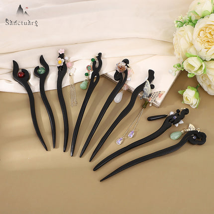 Antique Hairpin Step Tassel Wood Hairpin Imitation Ebony Headwear Disc Hair Simple Accessories Ancient Dress Hairpin Women's Hair