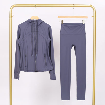 Lulu Df Stamped Hooded Jacket and Cropped Pants Set, Tight-Fitting Stretch Jacket with Gold Zipper, Fitness Yoga Outfit